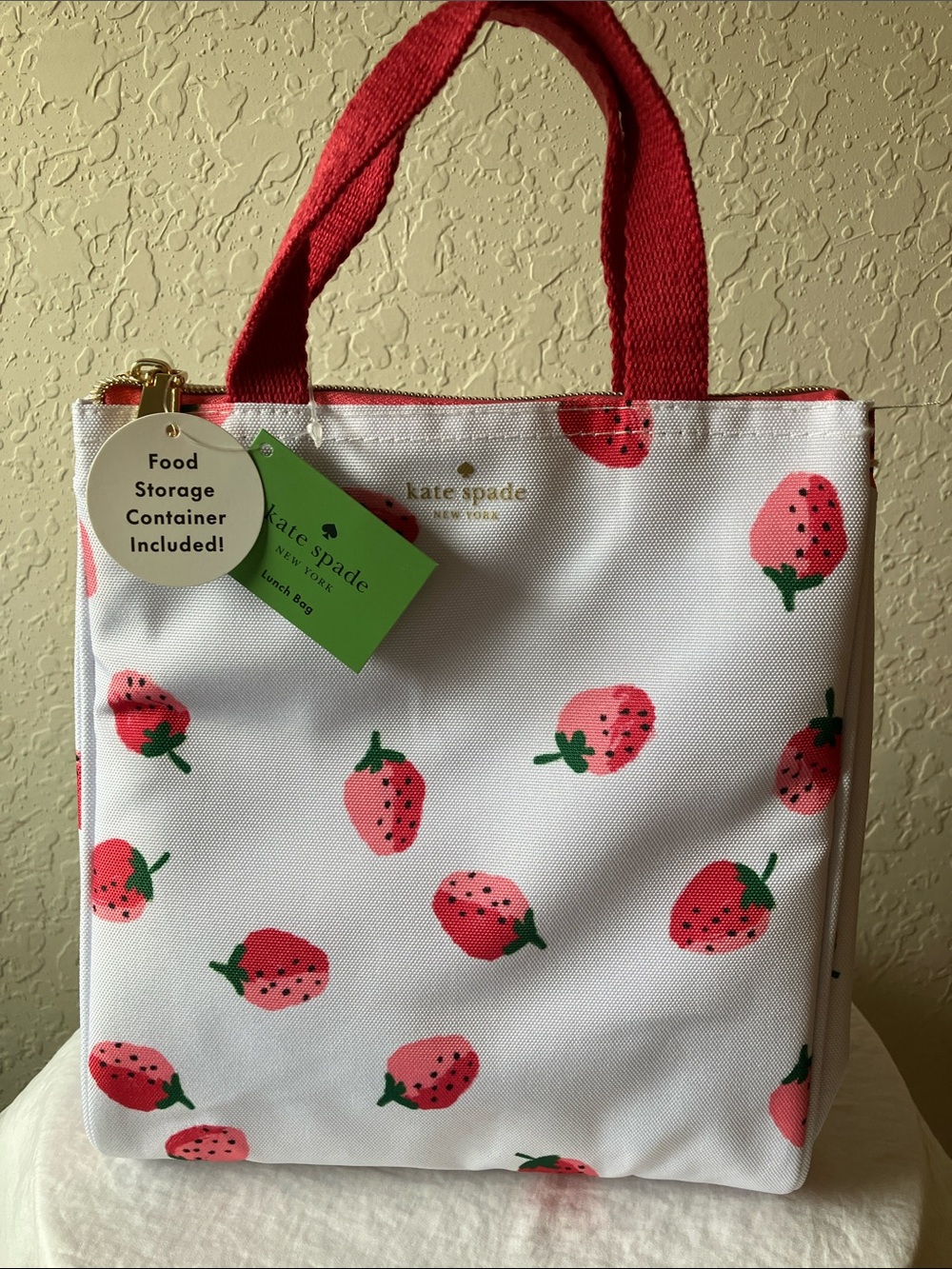 kate spade: White Strawberry Print Lunch Bag- food storage container